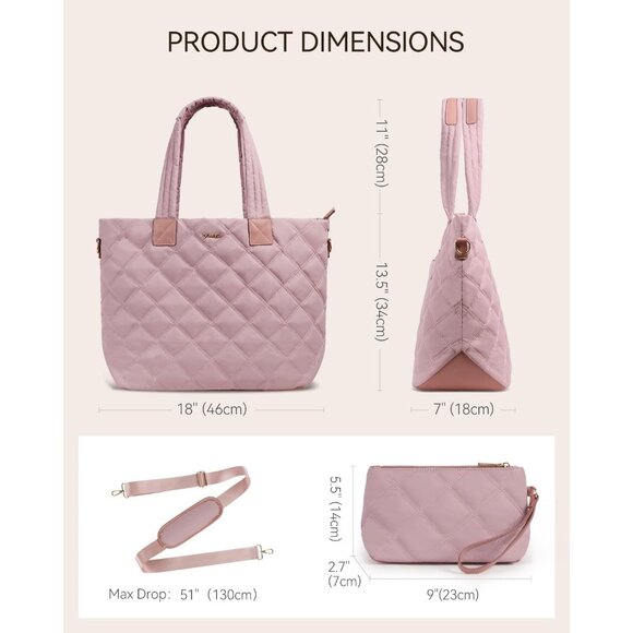 Prite Women Pink Polyester Compartment Quilted Puffer Shoulder Tote Work Bag - Picture 5 of 7